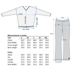 Measurement chart for Tuxedo top and pants set with labeled dimensions on a white background