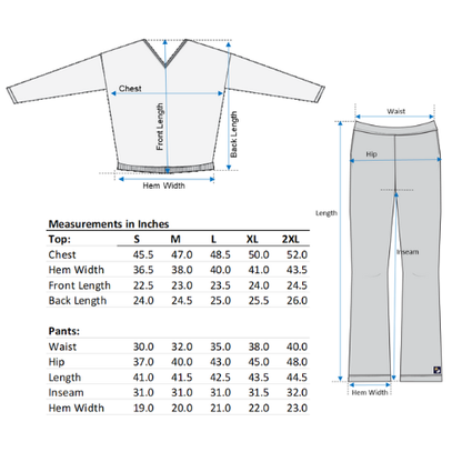 Measurement chart for Tuxedo top and pants set with labeled dimensions on a white background