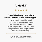 Product review for a V-neck T-shirt with text and 5 star rating on a white background