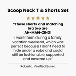 Product review for a scoop neck t-shirt and shorts set with five-star rating and positive feedback.