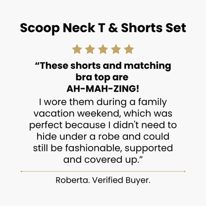 Product review for a scoop neck t-shirt and shorts set with five-star rating and positive feedback.
