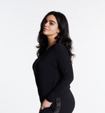 Woman in Midnighties long sleeve Tuxedo-striped top in color Midnight