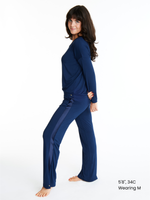 Woman in Midnighties tuxedo set in color Night Sky