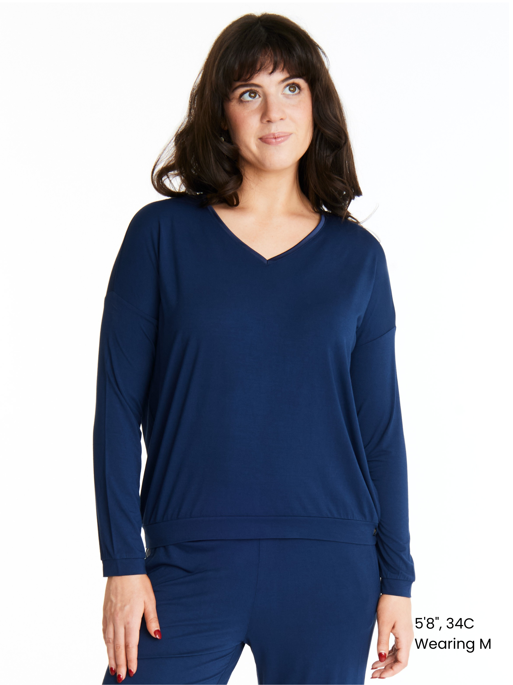 Woman in Midnighties long sleeve Tuxedo-striped top in color Night Sky