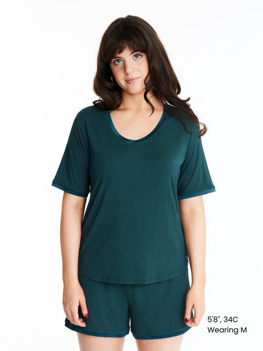 Woman in Midnighties Scoop neck shorts set in color Dusky Jade