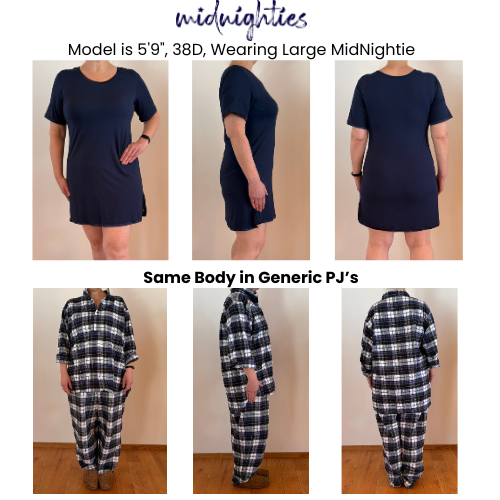 Before and After of a woman in the Midnightie vs generic pajamas