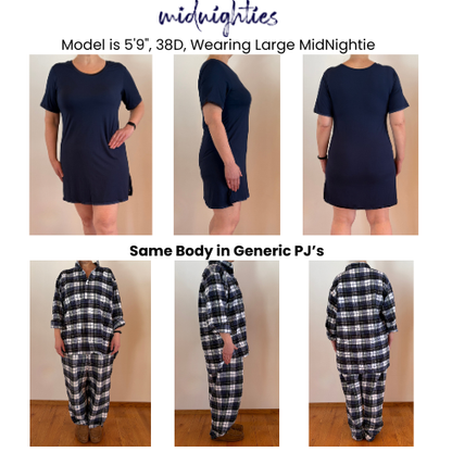 Before and After of a woman in the Midnightie vs generic pajamas