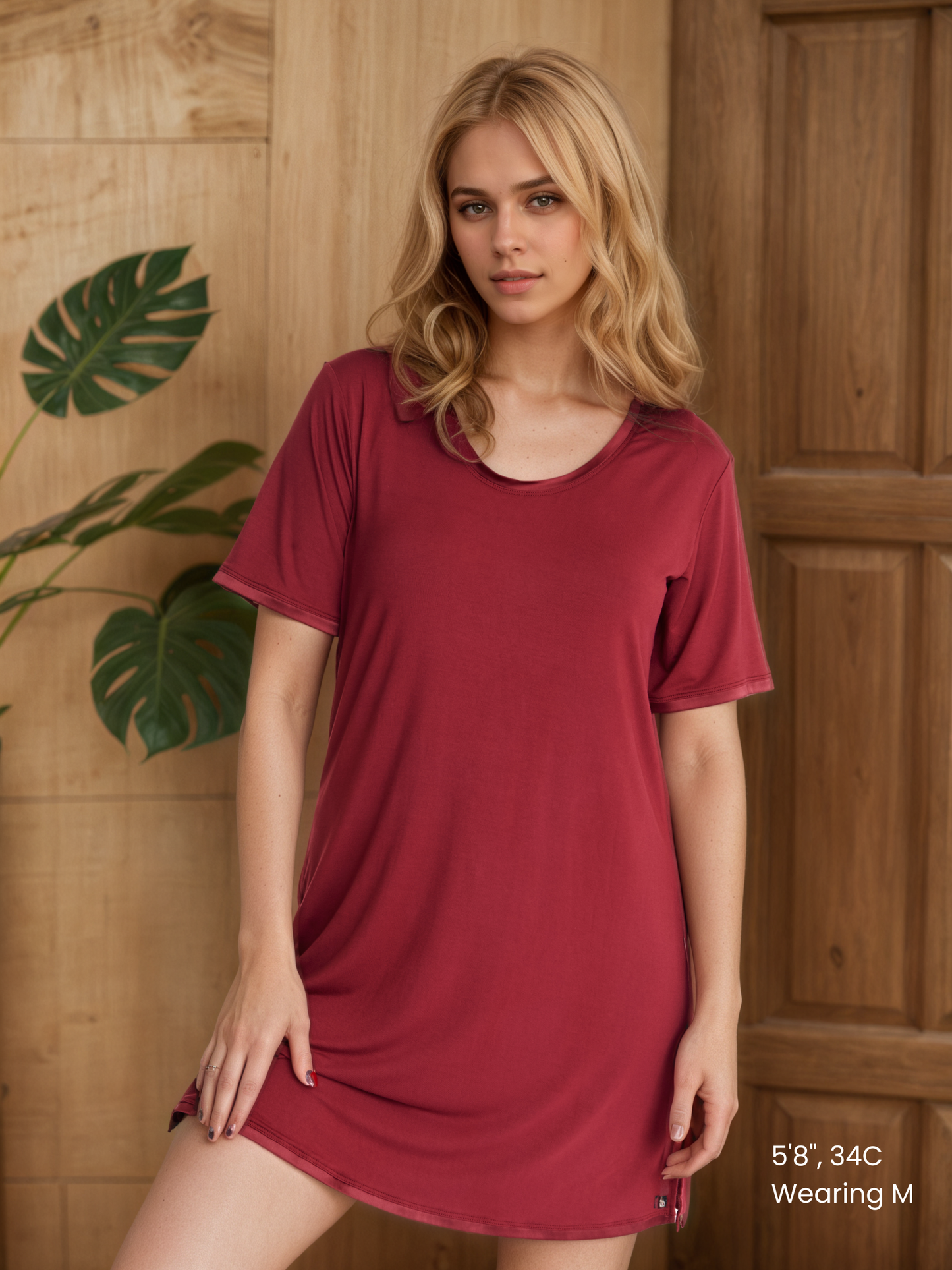 A woman wearing a short-sleeved, scoop-neck, knee-length nightie in a solid color, with satin trim detailing.