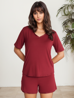 Women in V neck Midnighties shorts set in Rouge Noir