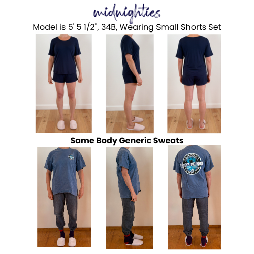Before & after of a woman in Midnighties shorts set vs generic pajamas
