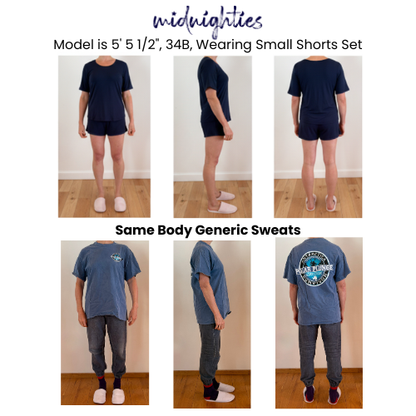 Before & after of a woman in Midnighties shorts set vs generic pajamas