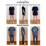 Comparison of 'midnighties shorts sets' and 'Generic Sweats' on a model.