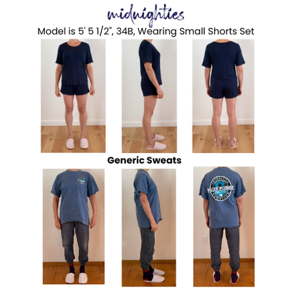 Comparison of 'midnighties shorts sets' and 'Generic Sweats' on a model.