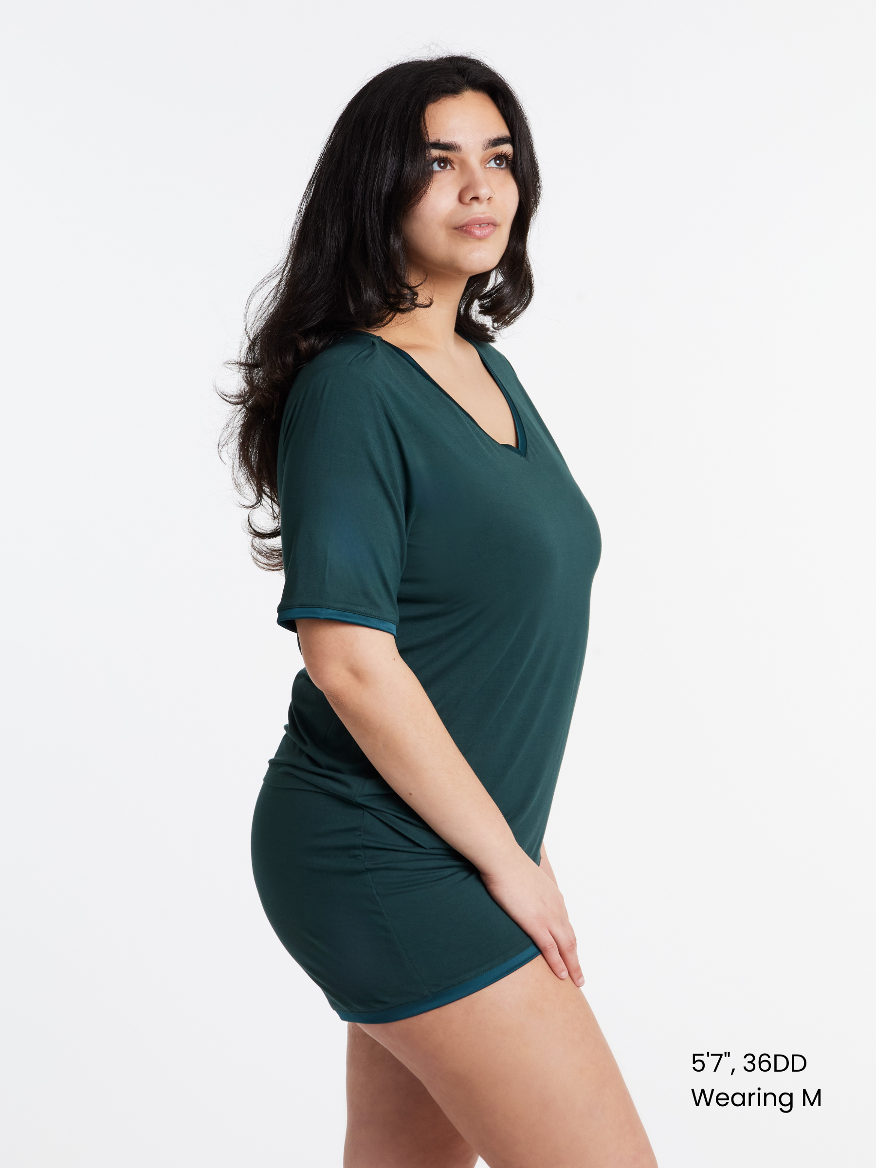 Women in V neck Midnighties shorts set in Dusky Jade